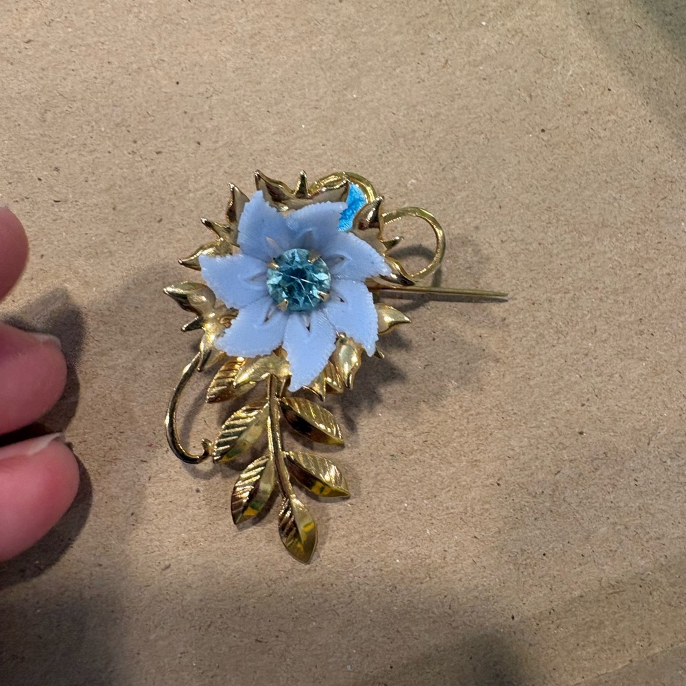 Gold and Blue Floral Brooch